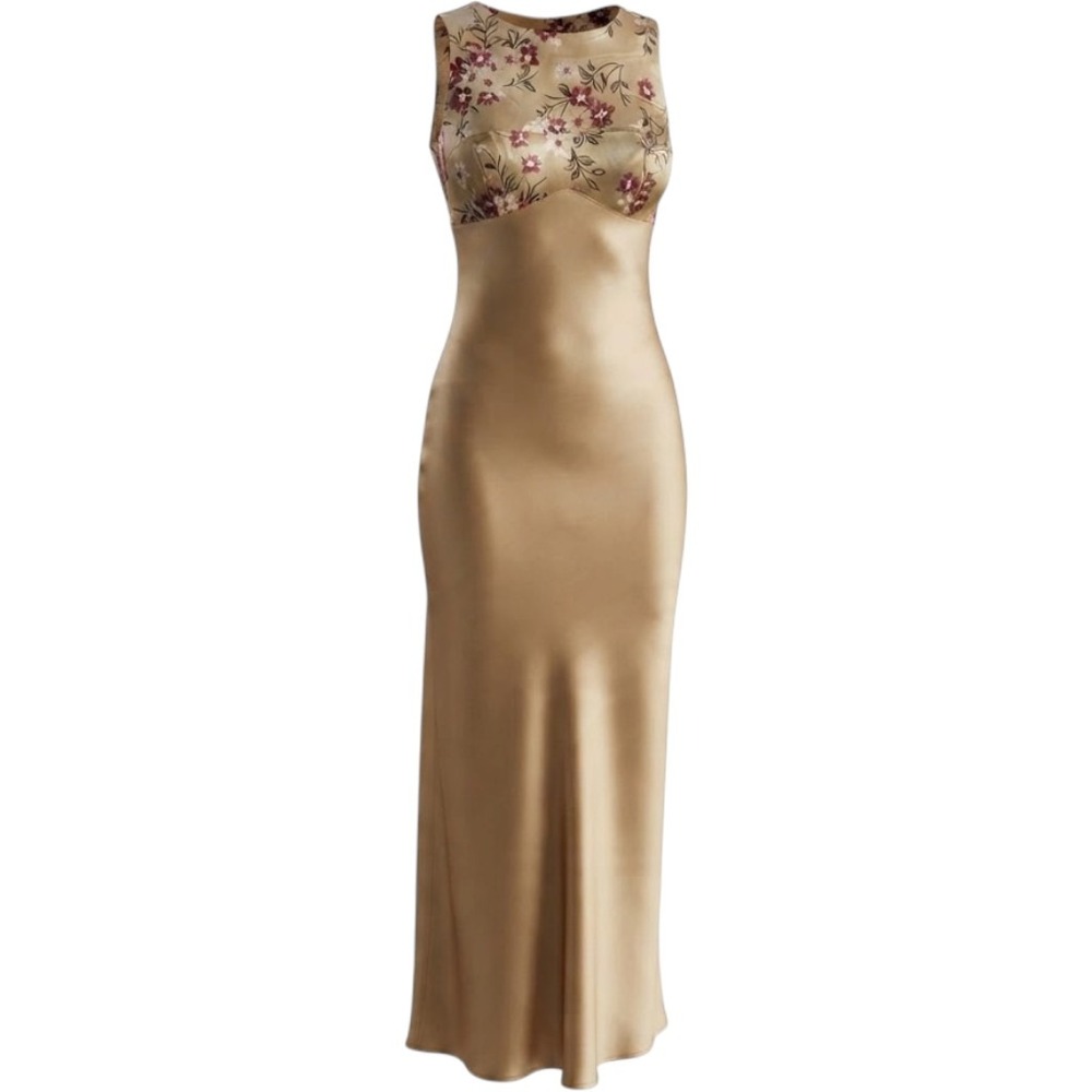 Vintage Alfred Angelo Gold Floral Satin Maxi Dress Gown Size 15/16